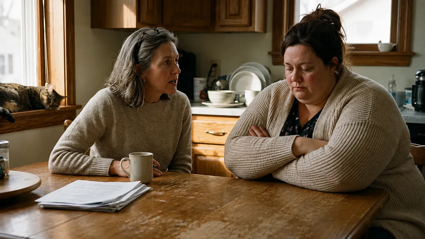 Dana and Rachel talking at the kitchen table