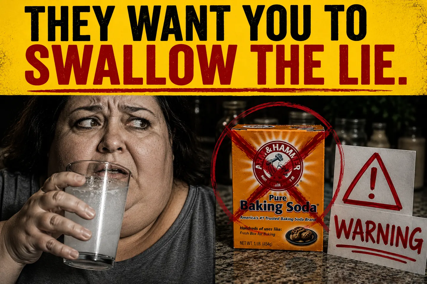 They want you to swallow the lie: plain baking soda crossed out with a warning sign, next to a woman reluctantly drinking a baking soda water shot.