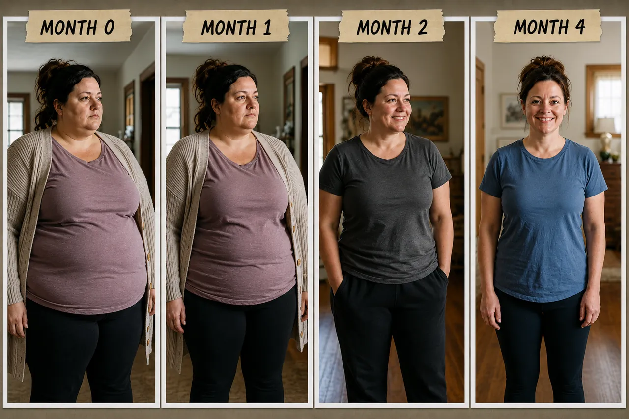 Rachel's progress — Month 0, Month 1, Month 2 and Month 4